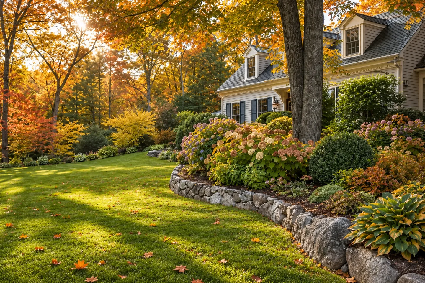 A maintained lawn surrounded by autumn trees